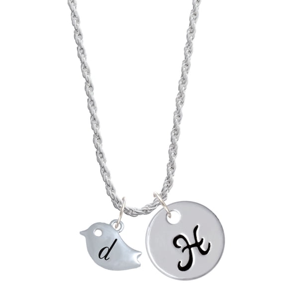 Delight Jewelry Silvertone Little Bird Initial - D - Silvertone Script Initial Disc - H - Charm Necklace, 20"+3"