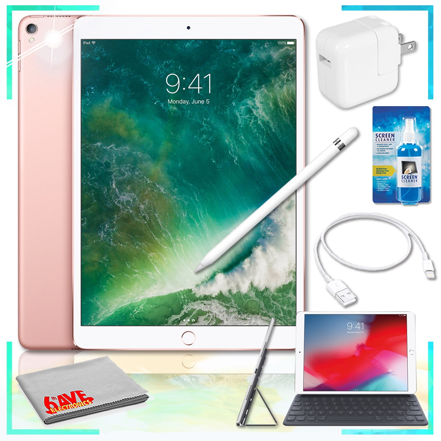 Apple 10.5in iPad Pro 256GB (Rose Gold) with Apple Pencil, Smart Keyboard  and Screen Cleaner Keyboard Bundle