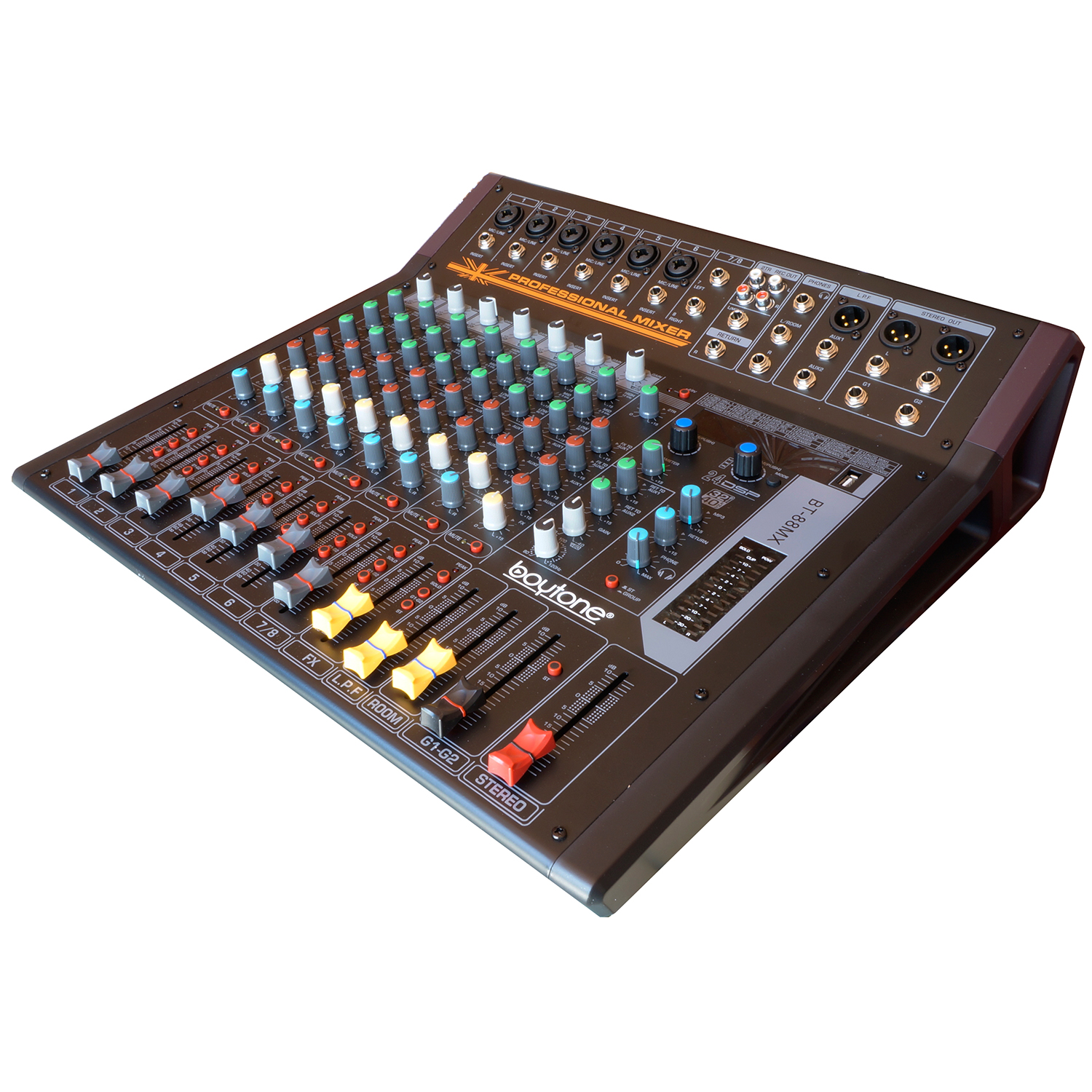 Boytone 8-Channel Bluetooth Studio Audio Mixer - DJ Sound Controller Interface with USB Port, AUX Jack, 4 XLR Microphone Jack, 48V Power, 16 DSP Effect, Input/output for Professional user