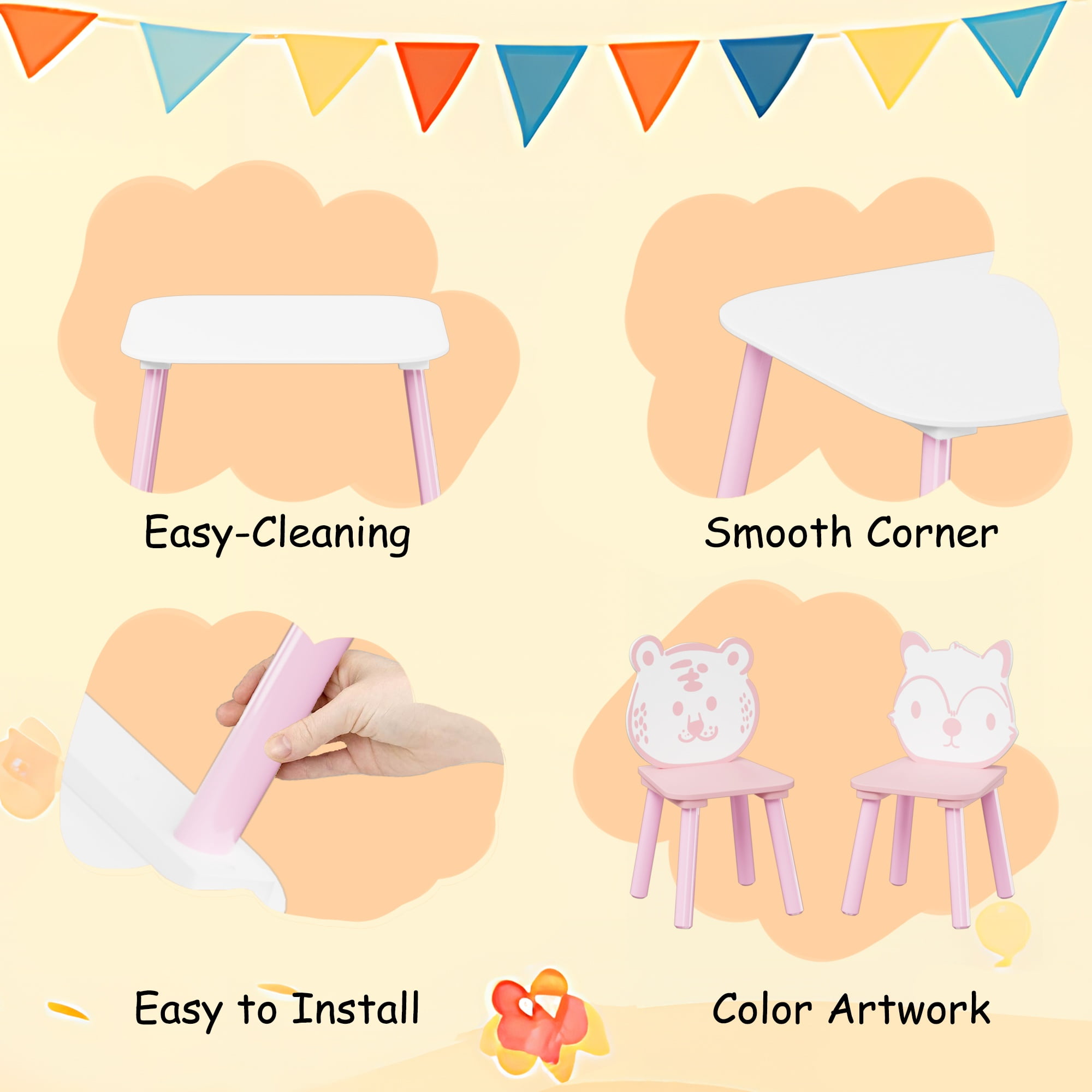Table and 2 Chairs for Kids 2-5, SHINPT Baby Table and Chair Set, 3 Pieces Toddler Play Table, Kids Art Table and Chair Set for Game Room, Children's Room, Wooden Activity Play Table Set for Gift