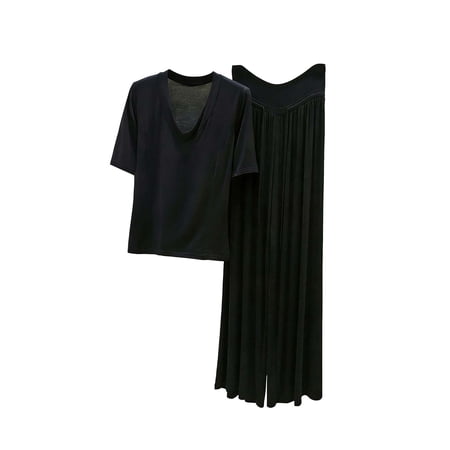 Hxshgdsn Womens 2 Piece Pajamas Sets V Neck Short Sleeve Long Pant Sleepwear Summer PJ Sets(Black/M)