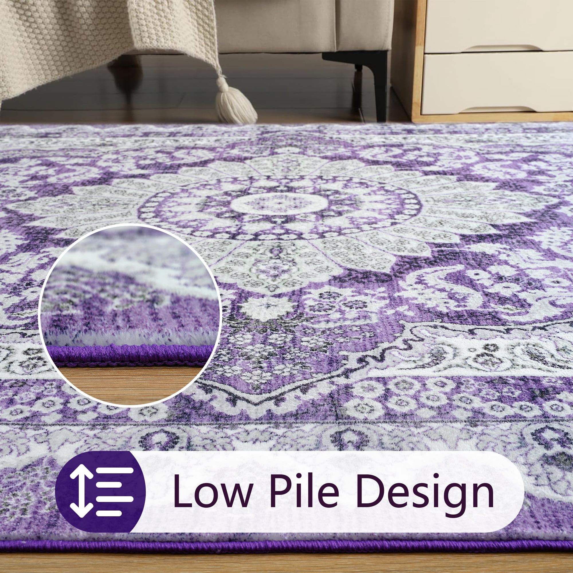 Ultrug Vintage Floral Print Rugs Soft Boho Carpet Retro Distressed Area Rug for Living Room Bedroom Home Decor,6'x9',Purple