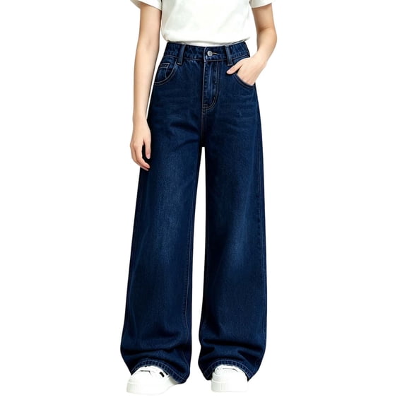Edvintorg High Waisted Jeans for Girls Streetwear Baggy Casual Wide Leg Denim Pants with Pockets School Kids Clothes Girls 2-13