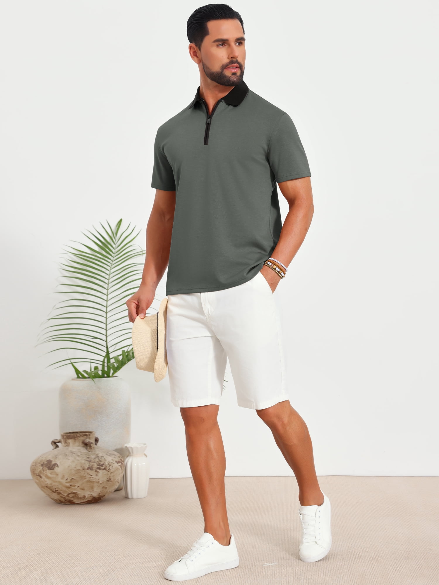 DARING DIVA Men's Zipper Closure Colorblock Short Sleeve Basic Polo Shirt M Dark Gray