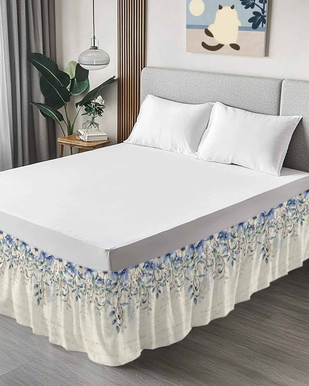 Blue Green Ruffle Bed Skirt Queen Size Flowers Eucalyptus Leaves Vintage Farmhouse Adjustable Elastic Dust Bed Skirts Wrap Around Bedskirt Wrinkle Free Easy Fit with 18 Inch Drop