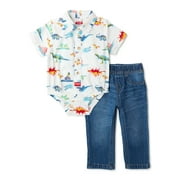 Wrangler Baby Boy Short Sleeve Woven Bodysuit with Woven Pants, 2-Piece Set, Sizes 0/3M-24M