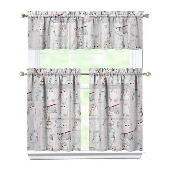 Kitchen Curtains 36 Inch Short - 3 Panel Set with Cute Cat Paw Pattern, Rod Pocket Window Curtain, 100% Polyester for Pet Lovers Farmhouse, Cafe, Kitchen, Bedroom, Easy Wash