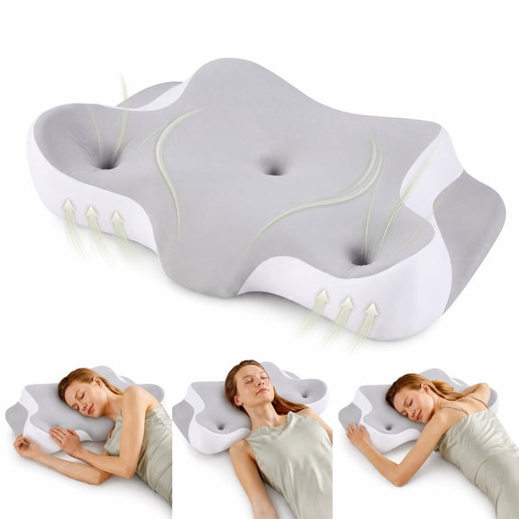 EDX 24 x 16 inch Cervical Ergonomic Pillow - Memory Foam Neck Pain Relief for Side/Back/Stomach Sleepers, Grey