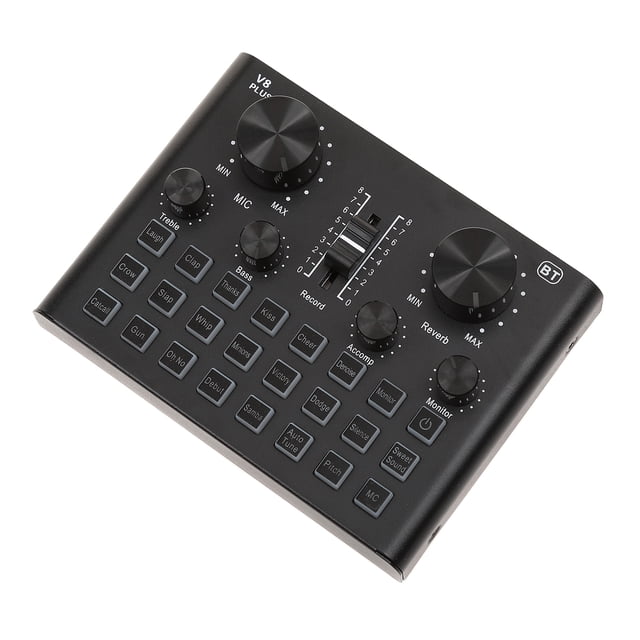 Graflsoa V8PLUS Carte Son Bluetooth avec Batterie Intégrée, Changeur de Voix, Effets Reverb pour Diffusion en Direct, Enregistrement et Karaoké sur PC/Mobile, Inclut Câbles USB et Audio, Design Compact Noir