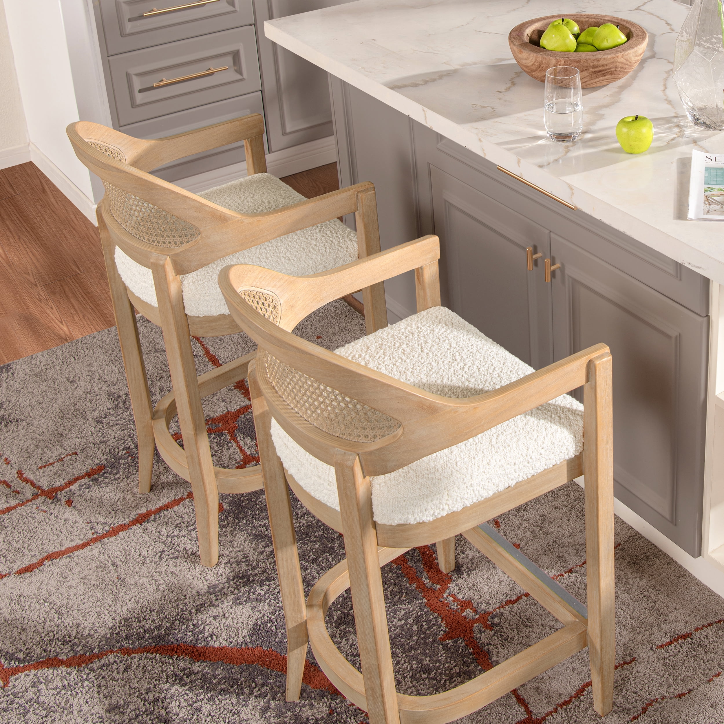 Americana Mid-Century Modern 26" Cane Back Counter Stool Ivory White Boucle