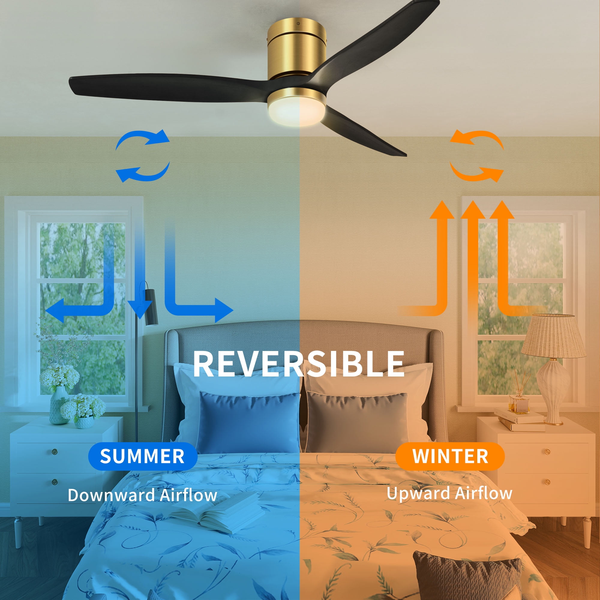 Uforic 52 Inch Low Profile Ceiling Fan with Lights Remote, Flush Mount Ceiling Fan with 3 Wood Fan Blade for Bedroom, Outdoor, Indoor, Black & Gold