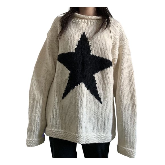 Fortune Women Loose Sweater Star Print Oversized Knit Jumper Top Long Sleeve Pullover