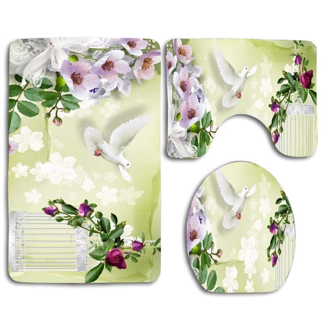 ABPHQTO Flores de palomas Juego de alfombras de baño de 3 piezas Alfombra de baño Alfombra de contorno y tapa de inodoro ABPHQTO Cont-CHAPPLE-24330
