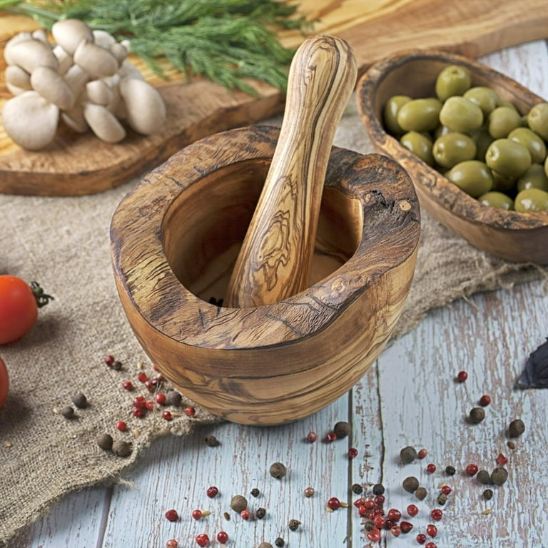 Olive Wood Mortar and Pestle Set - Handmade Wooden Herb and Spice Grinder -  Rustic Large 