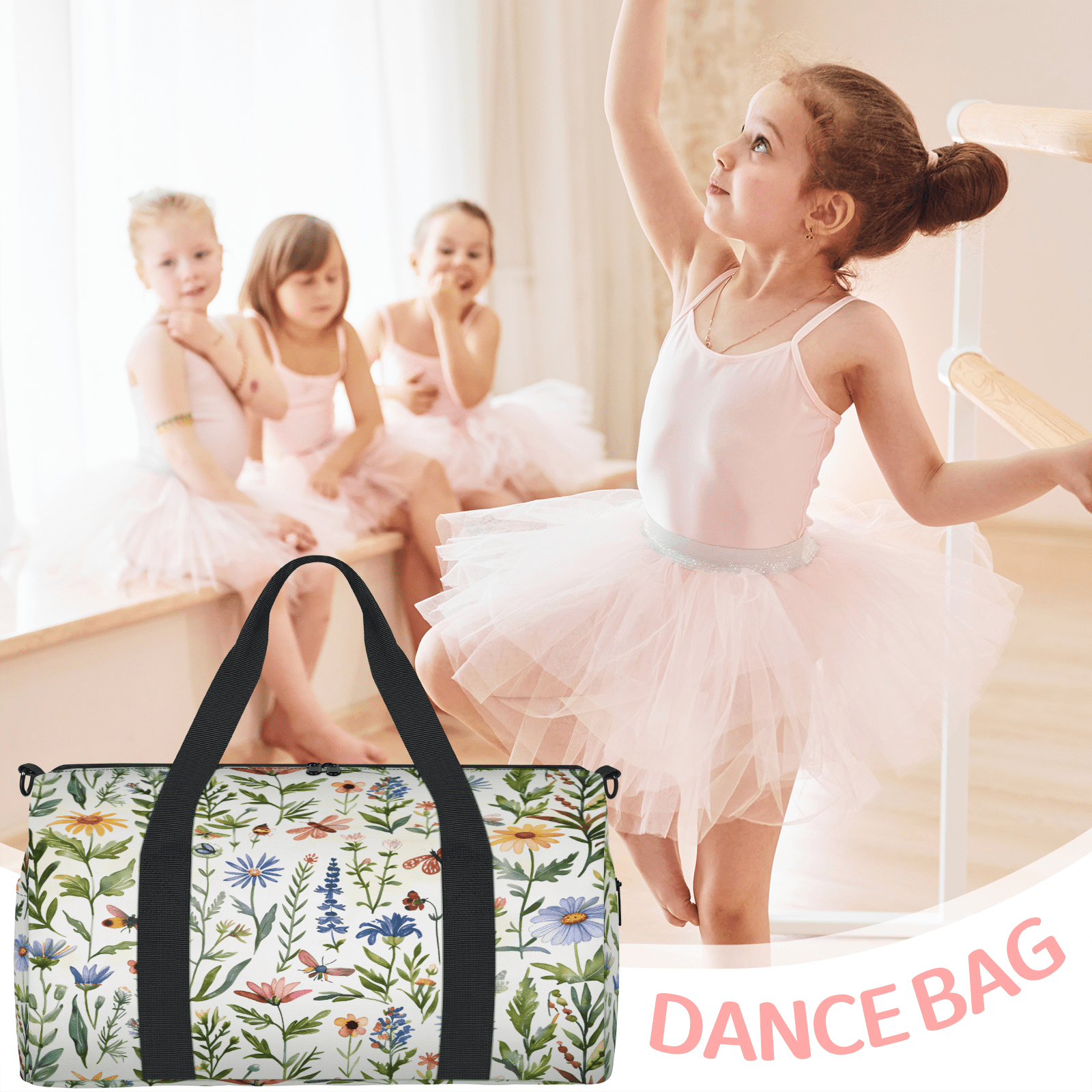 Herdesigns Spring Summer Cute Floral Gym Bag for Women, Duffle Bag for Travel Sport, Lightweight Waterproof Carry on Weekender Overnight Dance Yoga Workout Bags