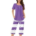 thumbnail image 2 of WCMZJ Women's Sleepwear Capri Pajama Sets Short Sleeve Two-Piece Pjs Round Neck Pleated Tops and Capri Pants 2 Piece Purple M, 2 of 5
