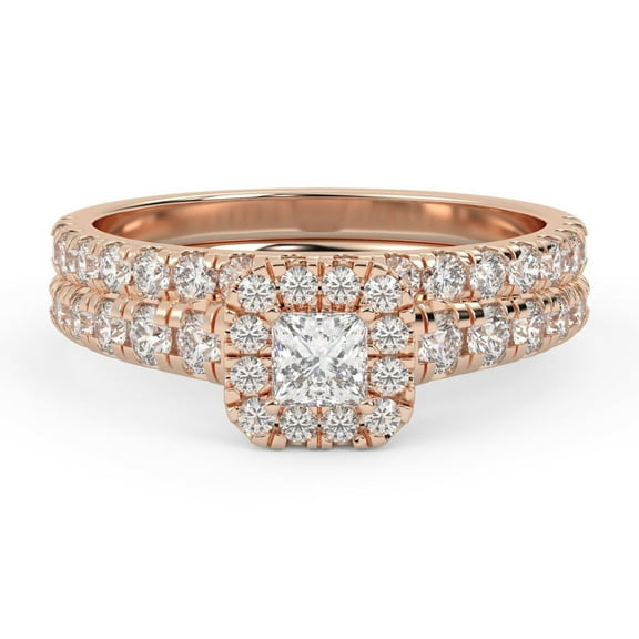 AFFY Bridal Ring Set For Women Center 3MM Princess Cut Lab Created Moissanite Halo Solitaire Engagement Rings With Half Eternity Band In 10K Solid Rose Gold Jewelry Gifts For Her-10