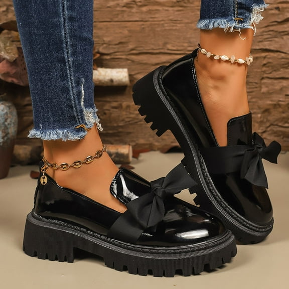 Tawop Shoes Women Slip Resistant Casual Comfort Flat Non Slip Shoes Leather Round Toe Loafers Versatile Bowknot