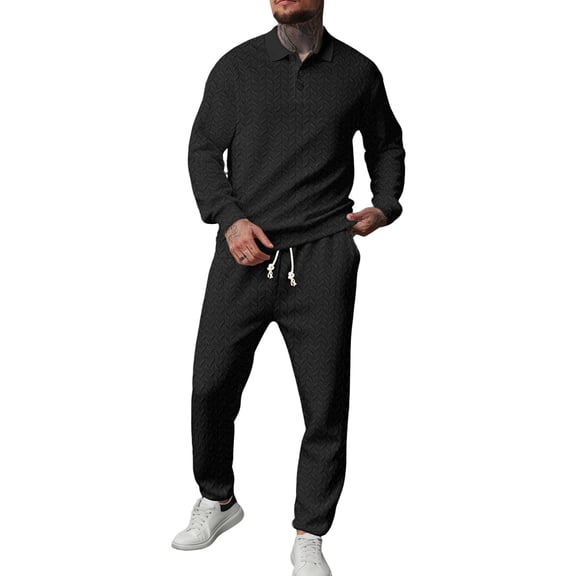 Men's 2 Piece Plaid Jacquard Track Suit - Quarter Button Polo Sweatshirt & Jogger Pants Set,Black,3X-Large
