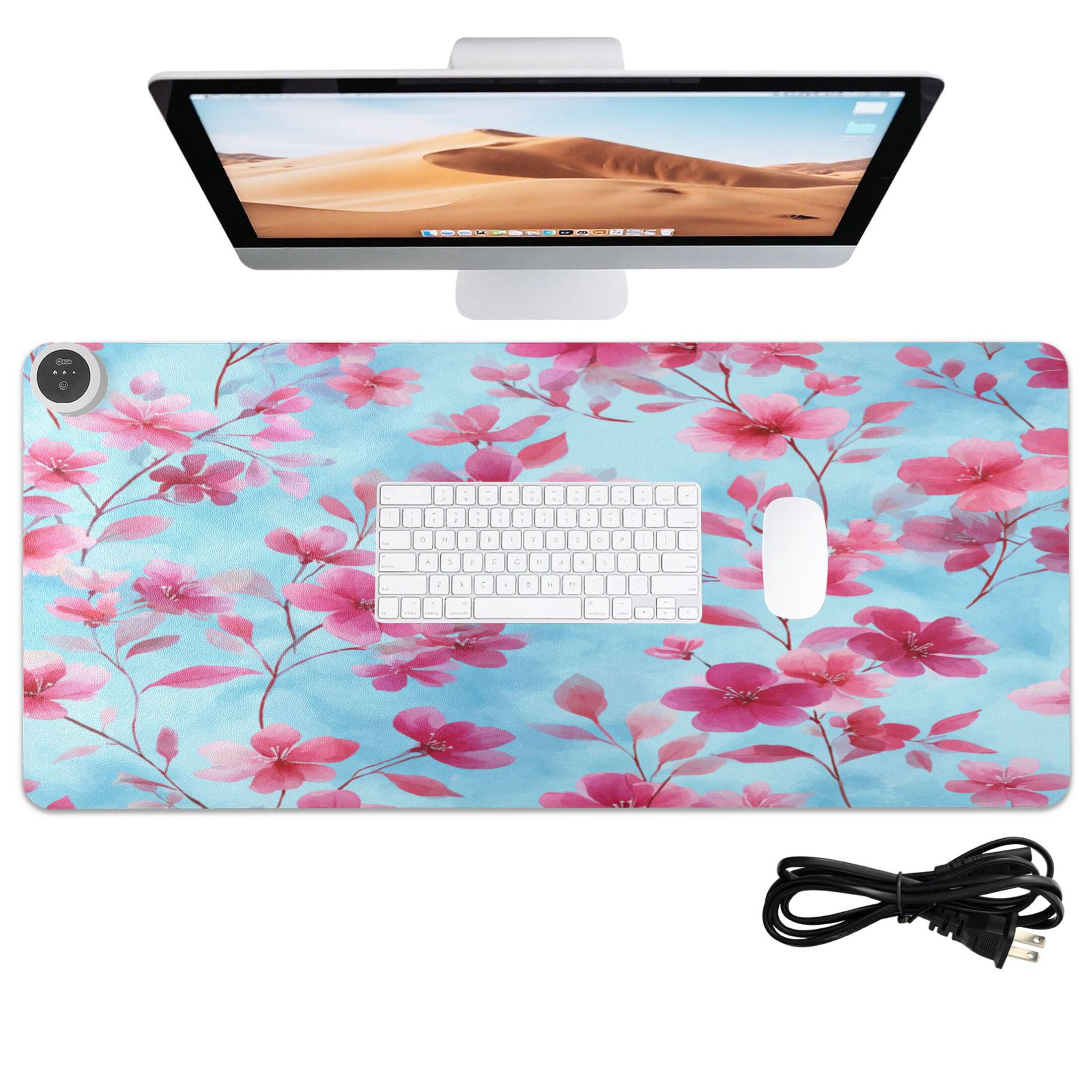 Large Heated Desk Mat Mouse Pad 31.5"x13"PU Leather Graphene Heating Desk Warmer with 3 Temperature Settings 110V US Plug Non-Slip Warm Pad for Home, Office, and Gaming Cute Pink Delicate Flowers