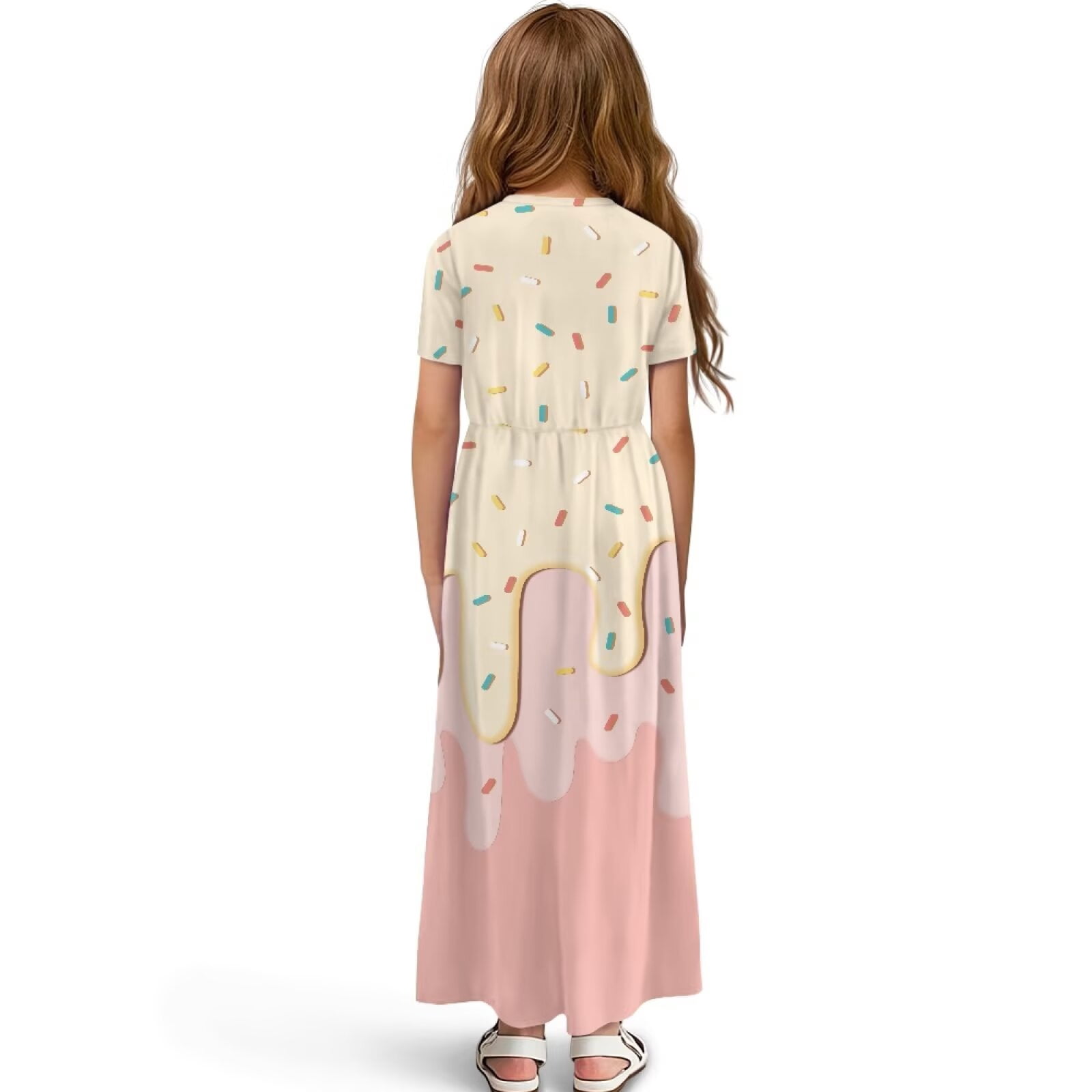 Uourmeti Girl's Short Sleeve Dress Cute Capybara Cake Print Round Neck Loose Casual Long Maxi Dress with Pockets Flowy Cute Outfits, Size 7-8 Years