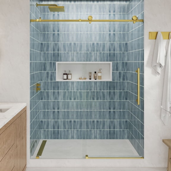 Seawin Diamond 68 - 72 x 76 inches Frameless Sliding Shower Door 3/8 in. (10 mm) Clear Tempered Glass with NanoShield Coating Satin Gold