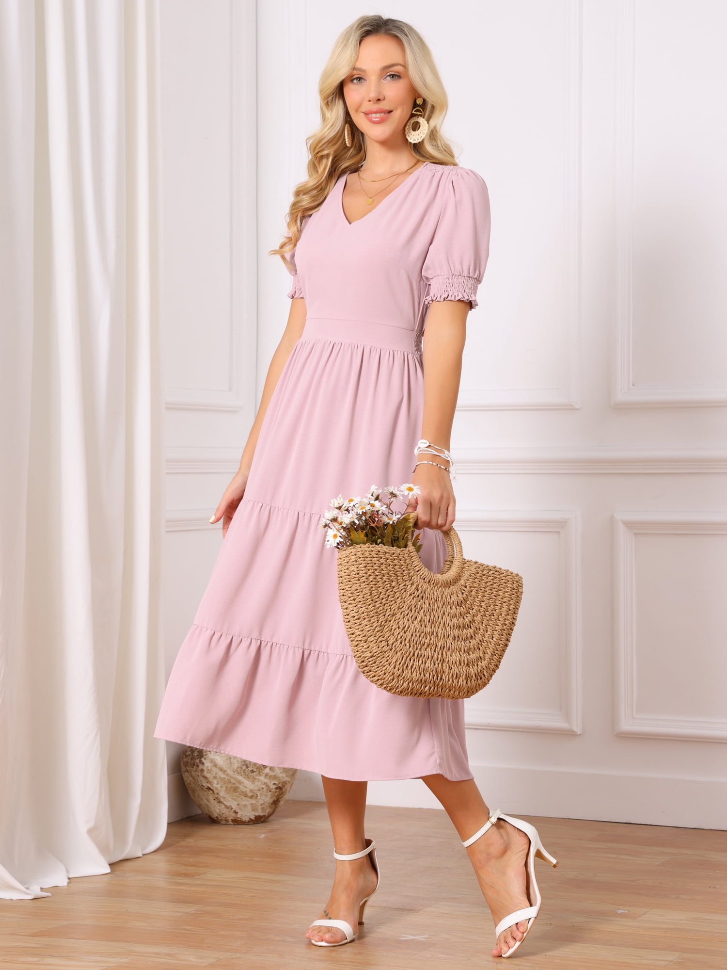 DARING DIVA Women's Tiered Smocked Short Sleeve A-Line V Neck Ruffle Flowy Dress L Pink
