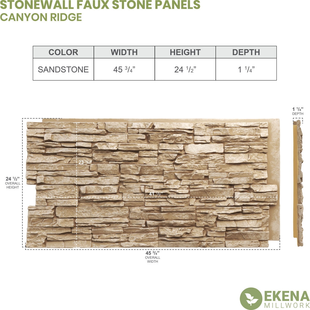 Ekena Millwork 45.75"W x 24.50"H x 1.25"D Canyon Ridge Stacked Stone, StoneWall Faux Stone Siding Panel, Sandstone