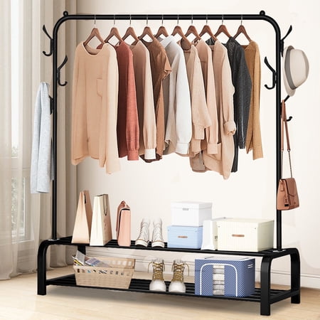 Clothes Rack  Clothing Rack for Hanging Clothes  Garment Rack W/6 Hooks & 2-Tier Storage Shelf  Single Rail Clothes Rack Stand  Free Standing Black Garment Rack