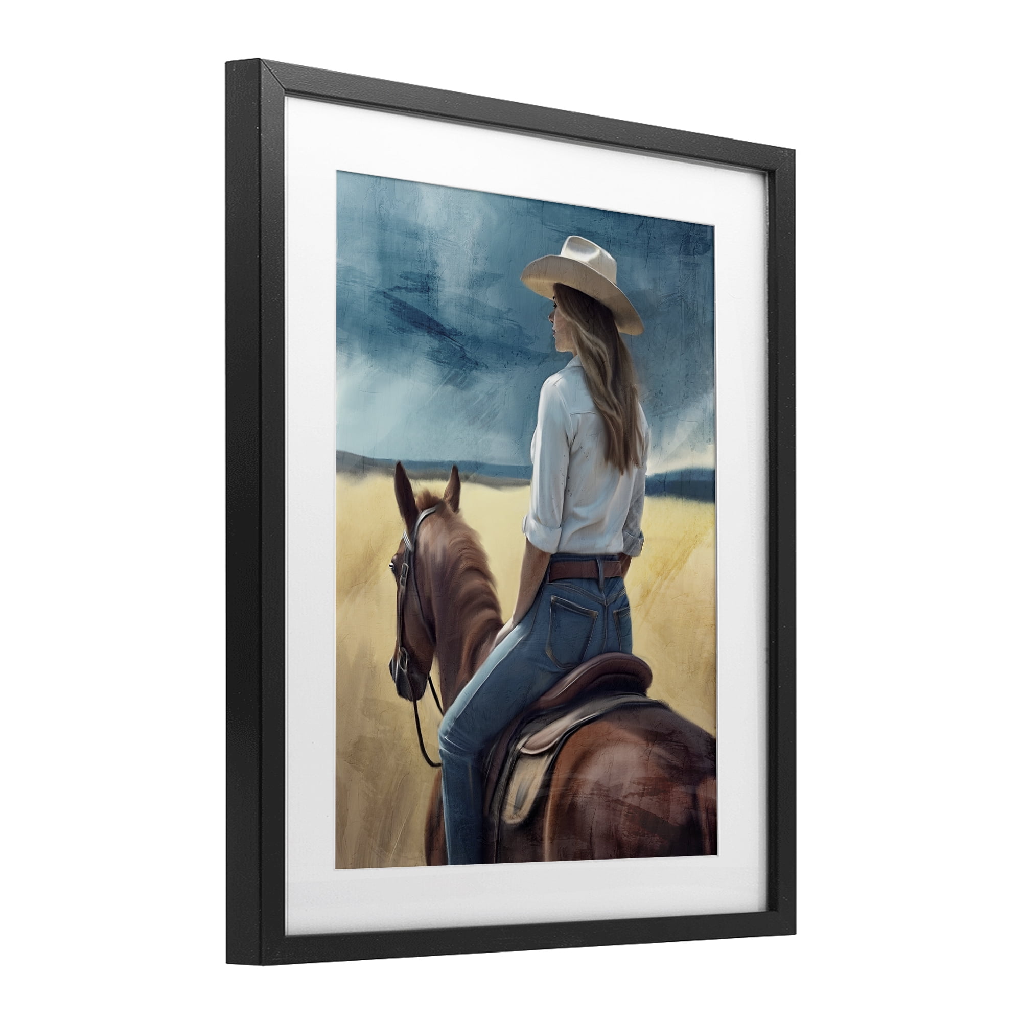 Countryside Cowgirl View Black Framed Print Under Glass, design by Kim Allen