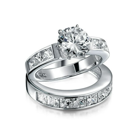 3CT Simple Round Solitaire Brilliant Cut AAA CZ Pave Band Engagement Wedding Ring Set For Women Sterling Silver