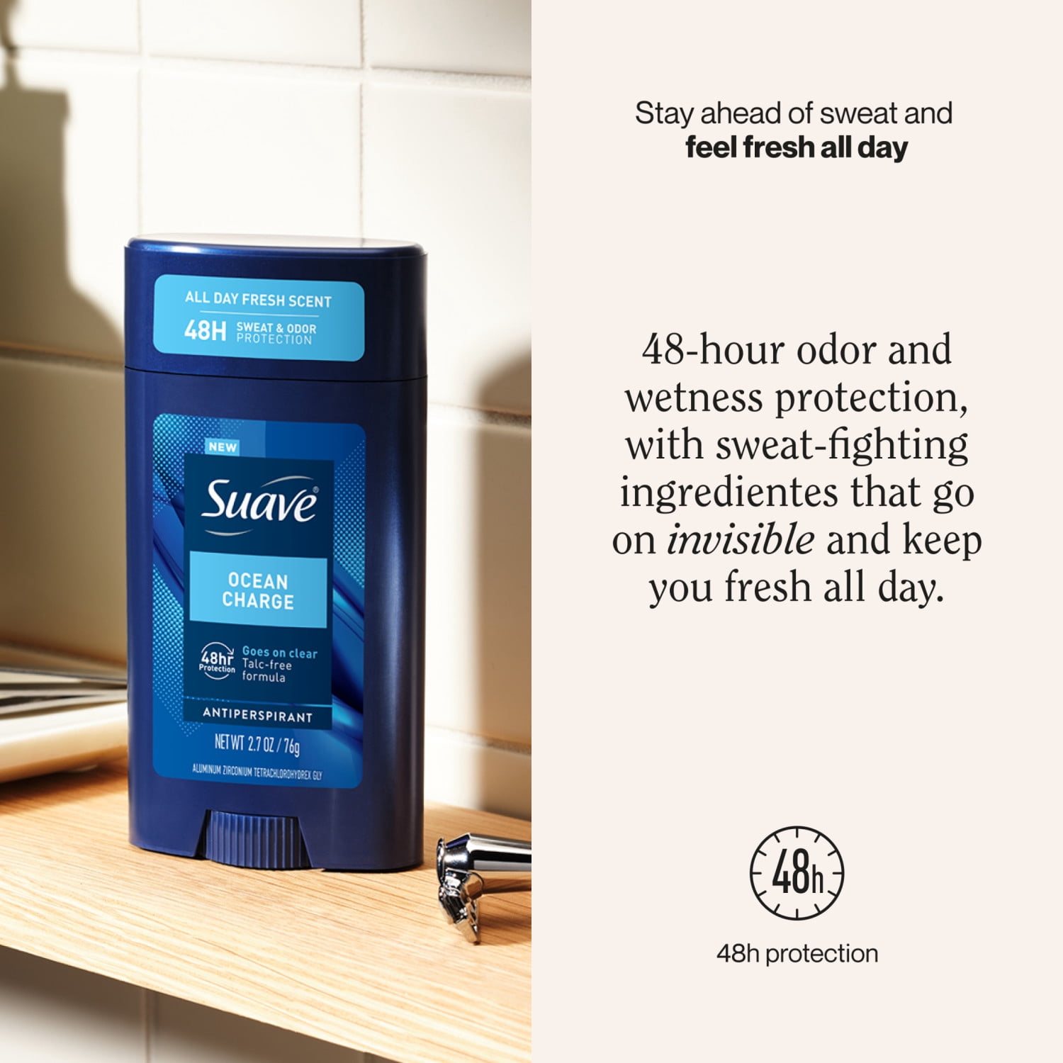 (2 pack) Suave Ocean Charge Men’s Antiperspirant Deodorant, Marine & Driftwood Scent, 48-Hour Protection, 2.7 oz