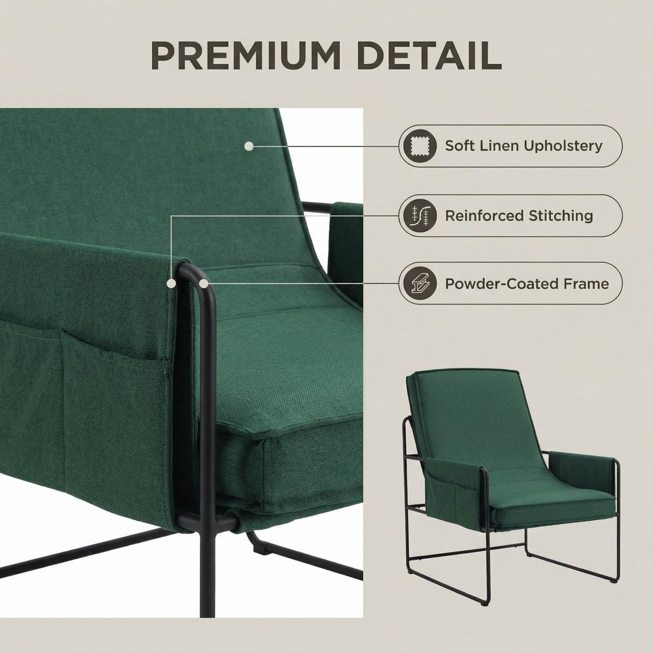 Vinform Sling Accent Chair, Modern Arm Chair with Removable Cushion, Metal Frame for Living Room, Green
