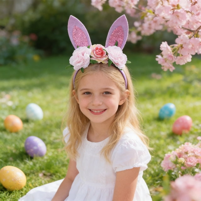 Diadema con orejas de conejo y tocado de flores para fiesta infantil, accesorio para el cabello de Pascua, diadema de plástico