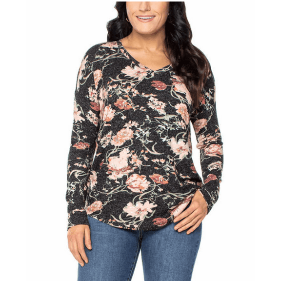 Well Worn Ladies' V-Neck Long Sleeve Top (Vintage Floral, Medium)