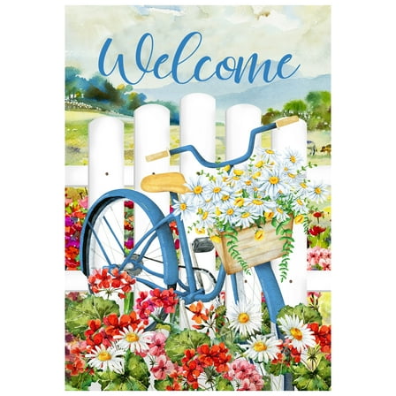 Welcome White Picket Fence Floral Outdoor Garden Flag 12.5" x 18"
