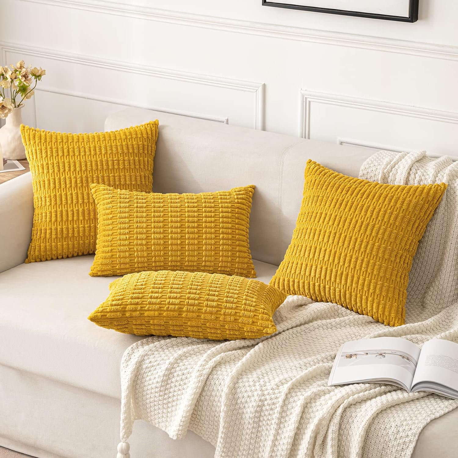 2-Pack Mustard Yellow Corduroy Throw Pillow Covers, 18x18 Inch Soft Striped Decorative Cushion Covers for Sofa, Bed, Fall Decor
