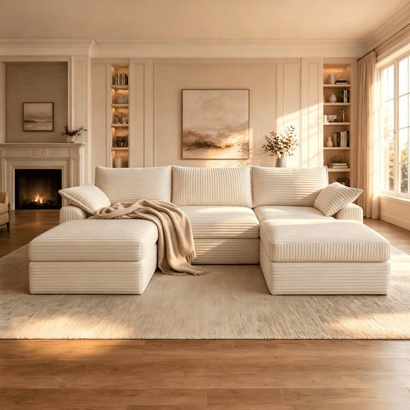 107 Inch Modular Sectional Sofa, Boneless U-Shaped Cloud Couch with Movable Ottoman, Extra Deep & High Seat, Hidden Storage Compartment, Tool-Free Assembly, 5-Seater Sofa for Living Room (Cream)