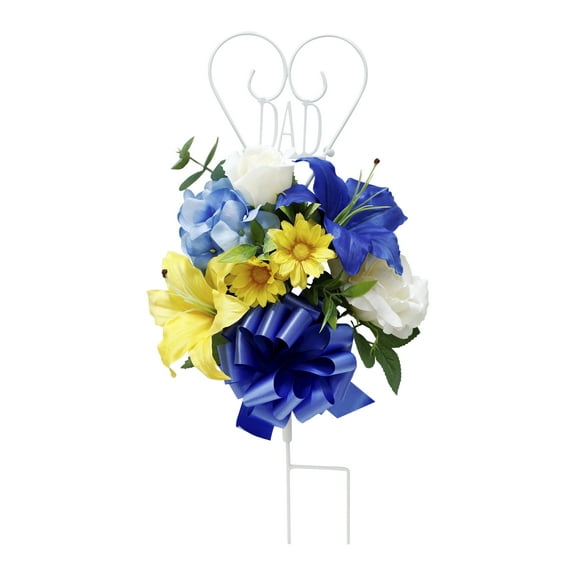 19-inch Artificial Silk Blue, Yellow & White Rose & Lily Mixed Cemetery Metal Stake, for Indoor/Outdoor Use, by Mainstays