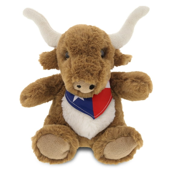 DolliBu Texas Longhorn Stuffed Animal - Cute Playtime Farm Animal Plush Toy with Texas Flag Bandana, Soft and Huggable Texas Longhorn Cowboy Toy for Kids and Adults - 8 Inches