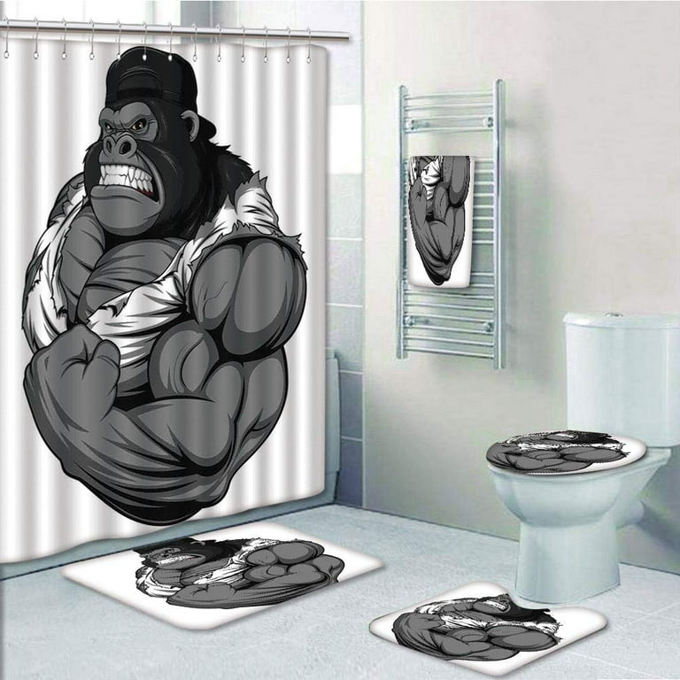 Gorilla Bathroom Rug Set Shower Curtain Bath Mat Pedestal Mat Toilet Lid  Cover 