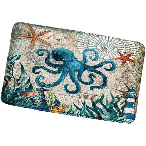 Green Octopus Bath Mats Kraken Tentacle Blue Marine Life Bathroom Rugs Vintage Nautical Map Starfish Coral Reef Beach Soft Absorbent Flannel Shower Floor Carpet Non-Slip Backing 17.8x29.5 in