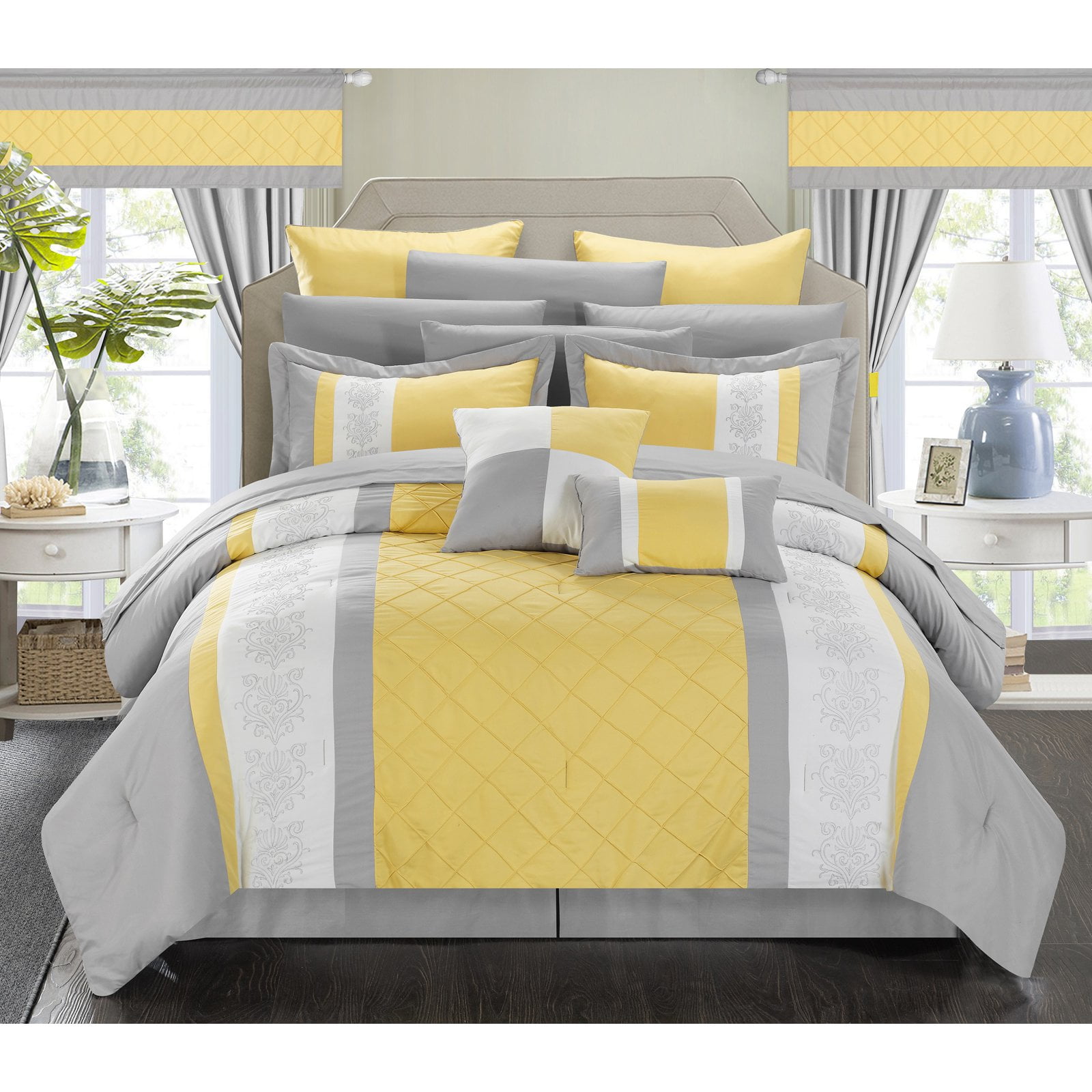 5 Piece Yellow and Grey Embroidered Comforter Set-Twin-Brand New 
