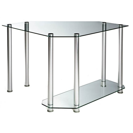 Corner Computer Desk With Glass Top And Aluminum Legs