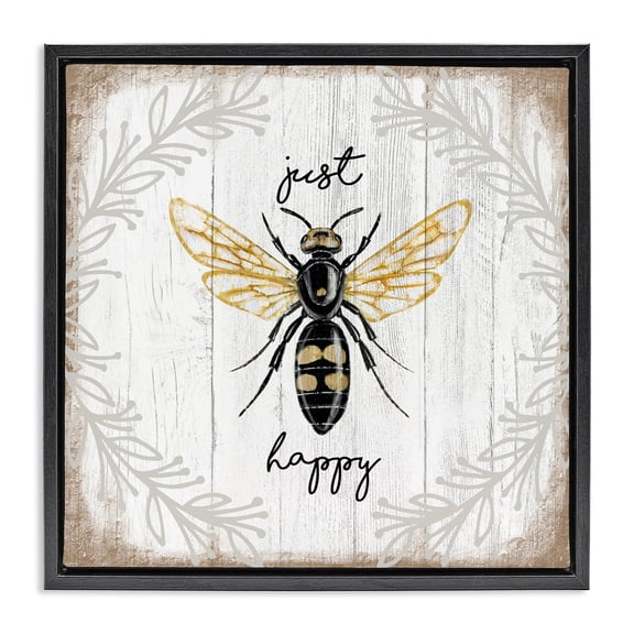 Stupell Industries Cottage Just Be Happy Charming Bee Black Floating Frame Canvas Art, 18 x 18, by Elizabeth Tyndall