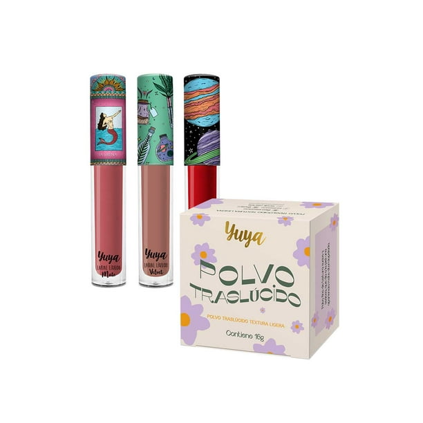 Polvo translúcido Yuya 16g 3 Labiales Líquidos Sirena Mi Amor Te quiero 3g c u