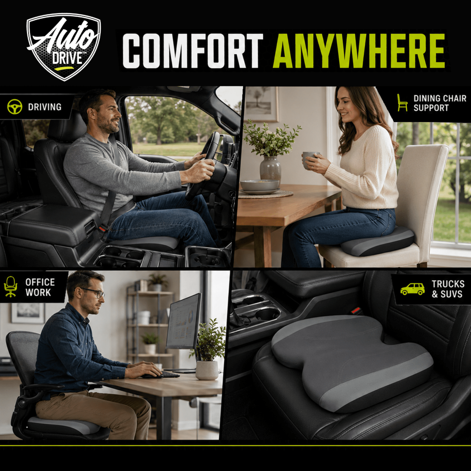 Auto Drive Waterproof Seat Cushion, Comfortable Car Seat Cushion Pad with Ergonomic Support, Non-Slip Seat Cover for Car Driver Seat, Universal Fit, Black&Gray