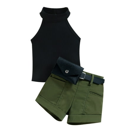 

TAIAOJING Kid Toddler Girl Clothes Summer Sleeveless Ribbed Vest Tops And Shorts Belt Waist Bag Baby Girl Outfits 6-12 Months