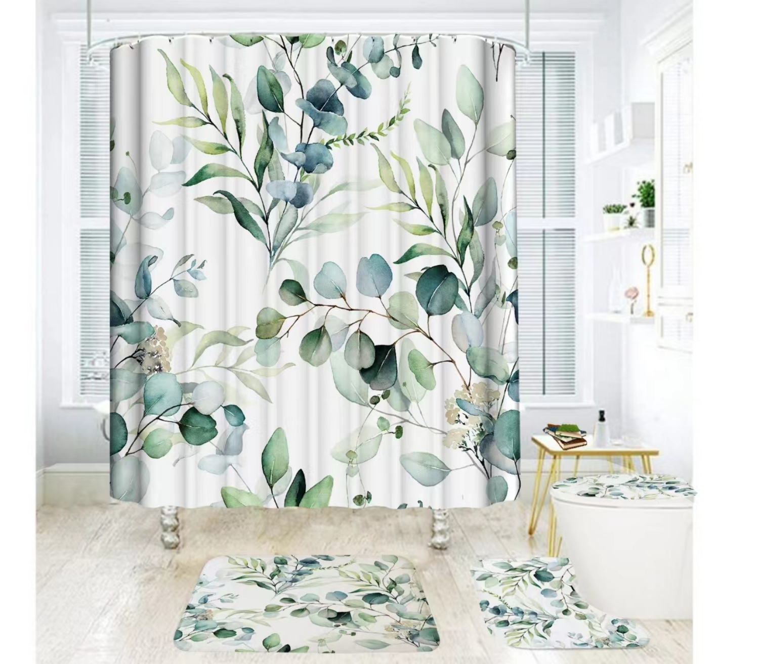 Watercolor Green Eucalyptus Shower Curtain and Bath Rug Set 4 Pcs Fabric Floral Bathroom Curtain Set Decor 72x72 inches