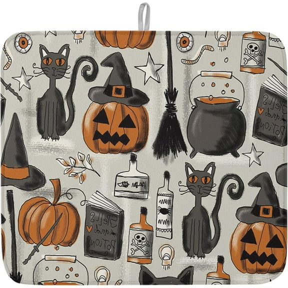 Halloween Dish Drying Mat for Kitchen Counter Pumpkin Drying Pad Absorbent Drying Mats for Countertops Sinks Draining Racks Witch Hat Black Cat Drainer Halloween Holiday Decorations 18x24 Inch